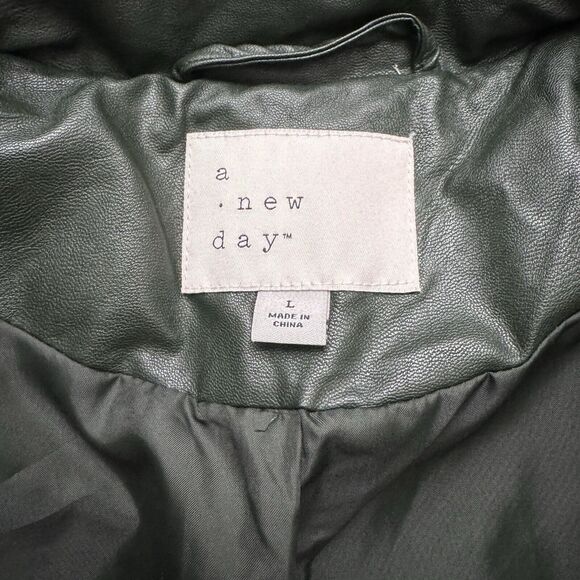 A New Day Faux Leather Puffer Coat Green- Size Large - Picture 3 of 4